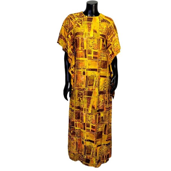 Vintage Made in Hawaii XS Hawaiian Wing Sleeve Abstract Geo Pattern Hostess Gown - Picture 2 of 12